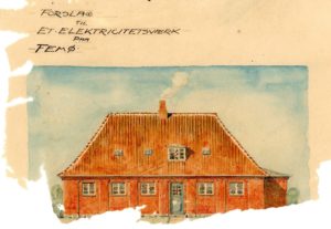 Arkitektens tegning af O F Hansens elværk som havde planlagt at opføre ved Femø Mølle