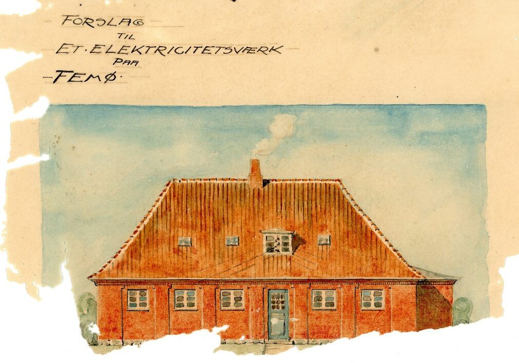 Arkitektens tegning af O F Hansens elværk som havde planlagt at opføre ved Femø Mølle